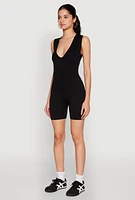 Womens Compression Rib Seamless Plunge Romper, Black, Size L