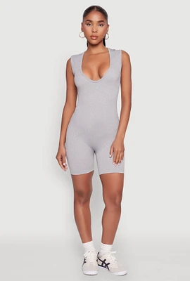Womens Compression Rib Seamless Plunge Romper, Grey, Size S