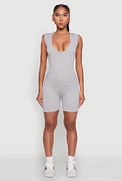 Womens Compression Rib Seamless Plunge Romper, Grey, Size S