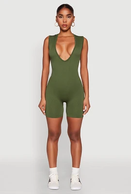 Womens Compression Rib Seamless Plunge Romper, Green, Size L