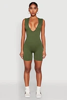 Womens Compression Rib Seamless Plunge Romper, Green, Size L