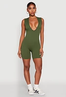 Womens Compression Rib Seamless Plunge Romper, Green, Size L