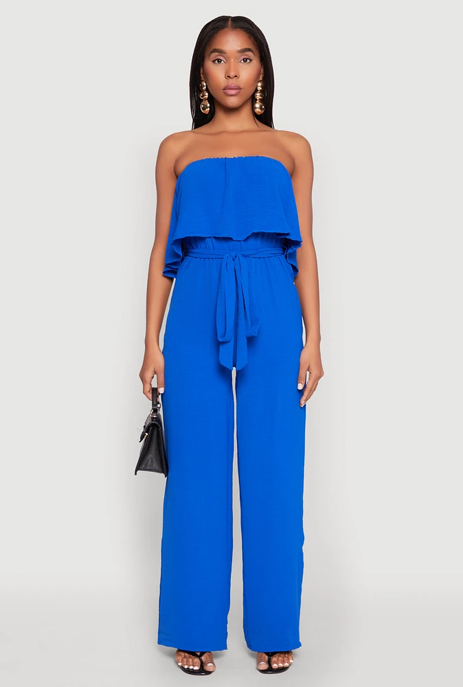 Womens Crepe Knit Ruffle Overlay Tie Waist Jumpsuit,