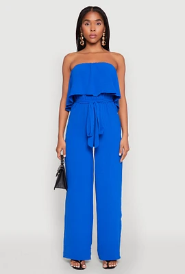 Womens Crepe Knit Ruffle Overlay Tie Waist Jumpsuit,