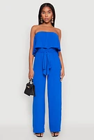 Womens Crepe Knit Ruffle Overlay Tie Waist Jumpsuit,