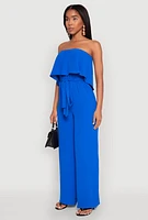 Womens Crepe Knit Ruffle Overlay Tie Waist Jumpsuit,