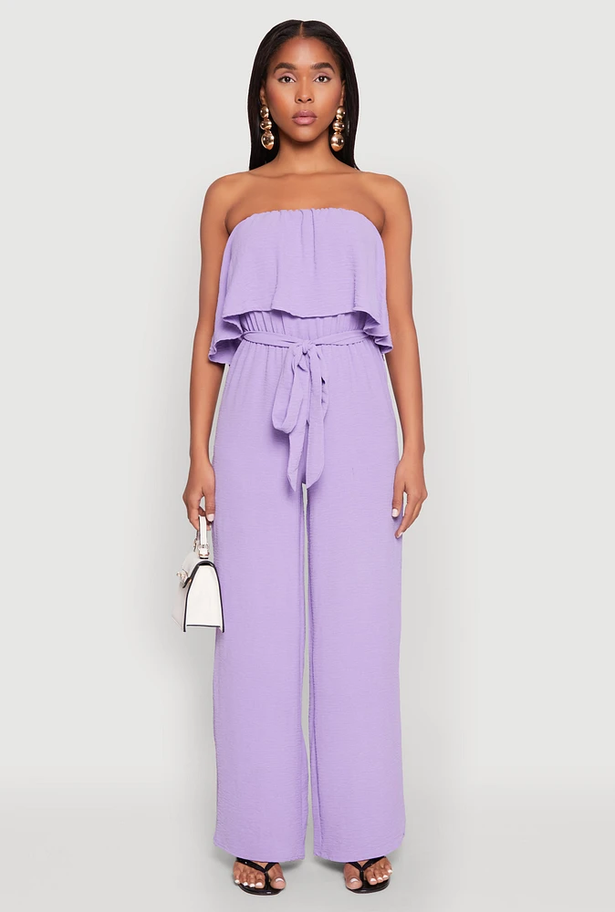 Womens Crepe Knit Ruffle Overlay Tie Waist Jumpsuit, Purple,