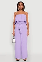 Womens Crepe Knit Ruffle Overlay Tie Waist Jumpsuit, Purple,