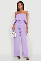 Womens Crepe Knit Ruffle Overlay Tie Waist Jumpsuit, Purple,