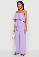 Womens Crepe Knit Ruffle Overlay Tie Waist Jumpsuit, Purple,