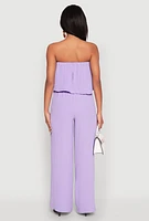 Womens Crepe Knit Ruffle Overlay Tie Waist Jumpsuit, Purple,