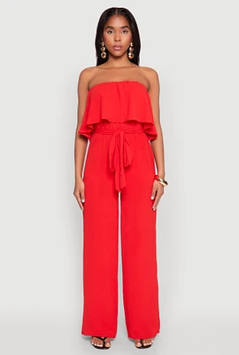 Womens Crepe Knit Ruffle Overlay Tie Waist Jumpsuit, Red, Size S
