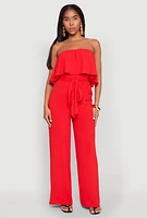 Womens Crepe Knit Ruffle Overlay Tie Waist Jumpsuit, Red, Size S