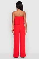 Womens Crepe Knit Ruffle Overlay Tie Waist Jumpsuit, Red, Size S