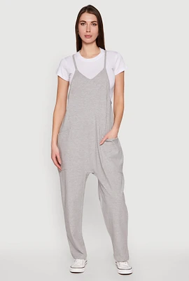 Womens Cargo Pocket V Neck Jumpsuit, Grey, Size L