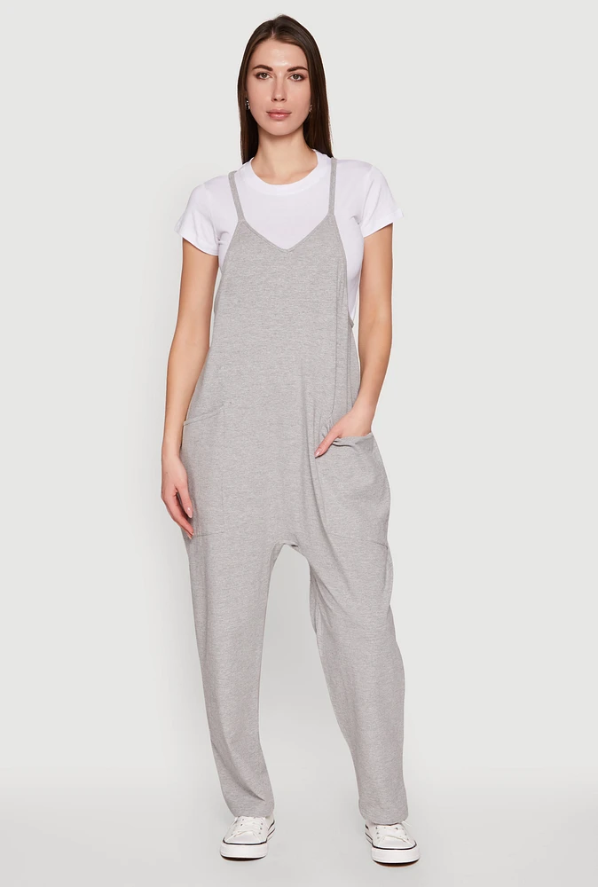 Womens Cargo Pocket V Neck Jumpsuit, Grey,