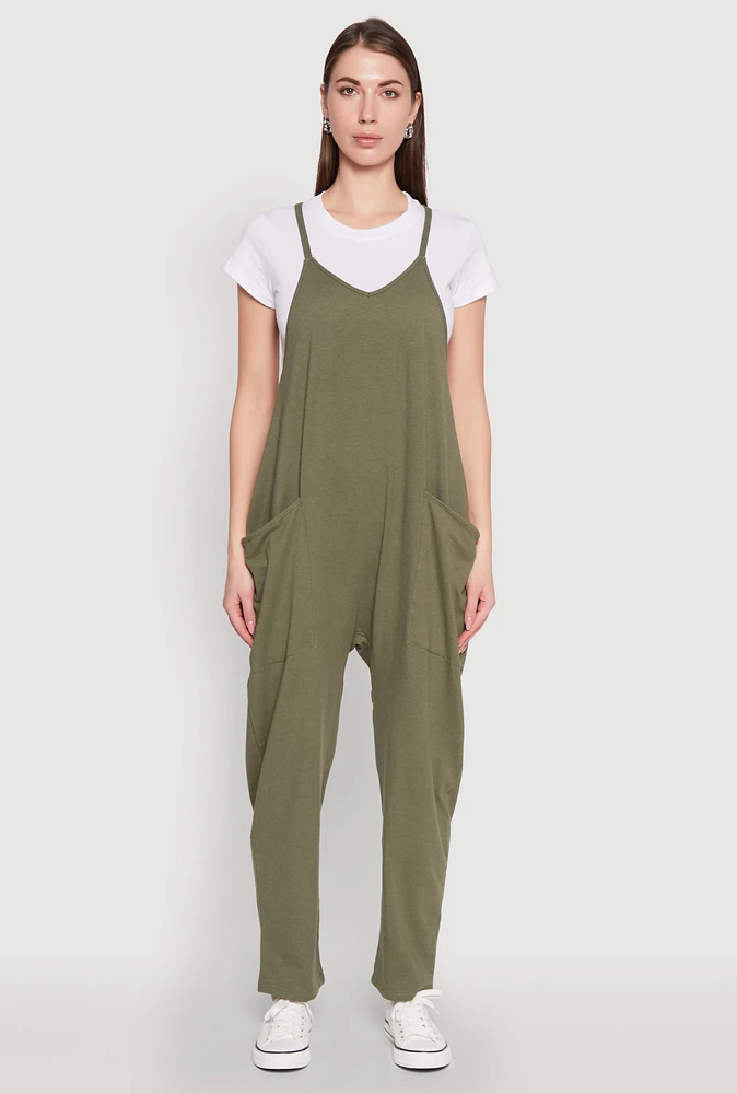 Womens Cargo Pocket V Neck Jumpsuit, Green, Size M