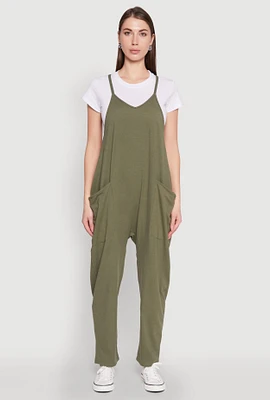 Womens Cargo Pocket V Neck Jumpsuit, Green, Size M