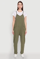 Womens Cargo Pocket V Neck Jumpsuit, Green, Size M