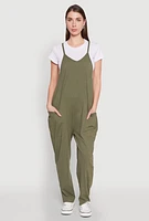 Womens Cargo Pocket V Neck Jumpsuit, Green, Size M