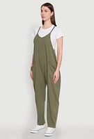 Womens Cargo Pocket V Neck Jumpsuit, Green, Size M