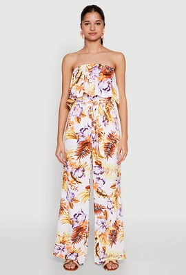 Womens Floral Tie Waist Belted Strapless Overlay Jumpsuit, Multi, Size M