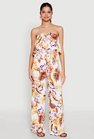 Womens Floral Tie Waist Belted Strapless Overlay Jumpsuit, Multi, Size M