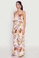 Womens Floral Tie Waist Belted Strapless Overlay Jumpsuit, Multi, Size M