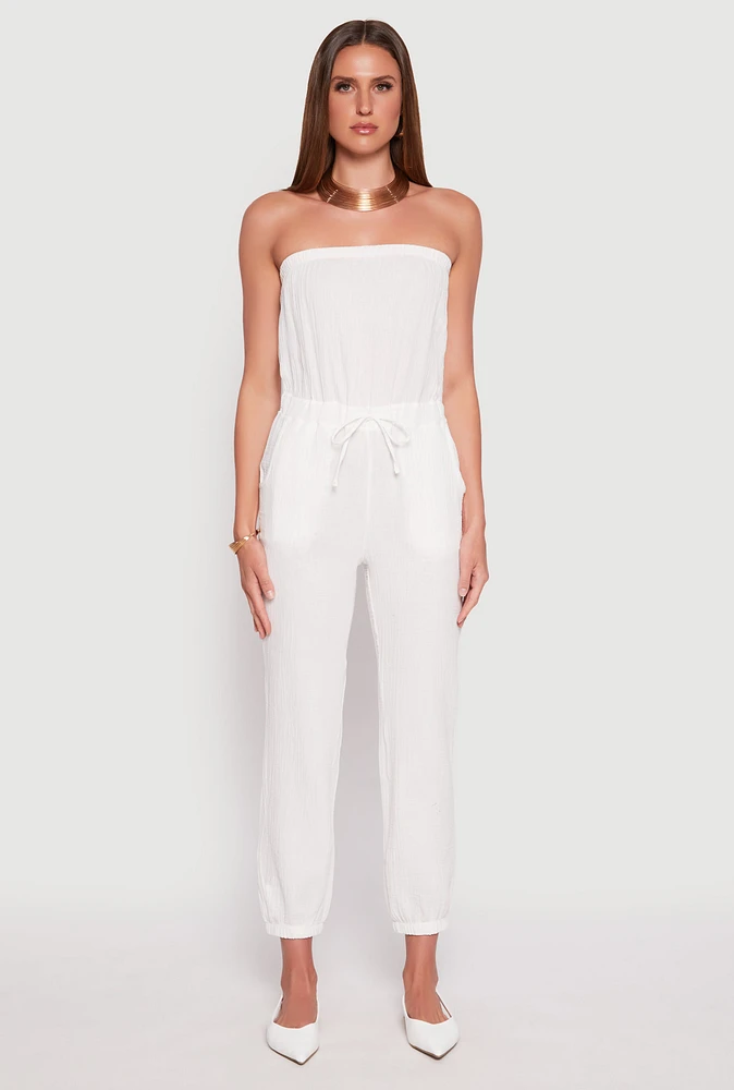 Womens Drawstring Waist Strapless Jumpsuit, White, Size L