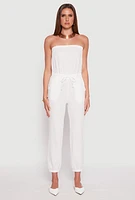 Womens Drawstring Waist Strapless Jumpsuit, White, Size L