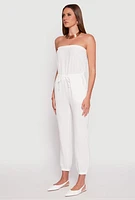 Womens Drawstring Waist Strapless Jumpsuit, White, Size L