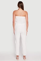 Womens Drawstring Waist Strapless Jumpsuit, White, Size L