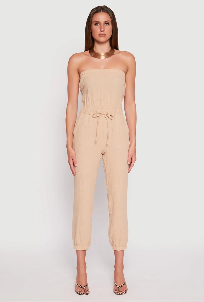 Womens Drawstring Waist Strapless Jumpsuit, Beige,