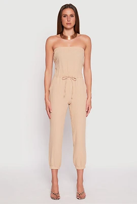 Womens Drawstring Waist Strapless Jumpsuit, Beige,