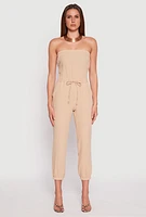 Womens Drawstring Waist Strapless Jumpsuit, Beige,