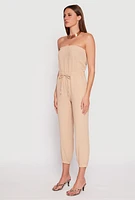 Womens Drawstring Waist Strapless Jumpsuit, Beige,