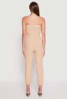 Womens Drawstring Waist Strapless Jumpsuit, Beige,