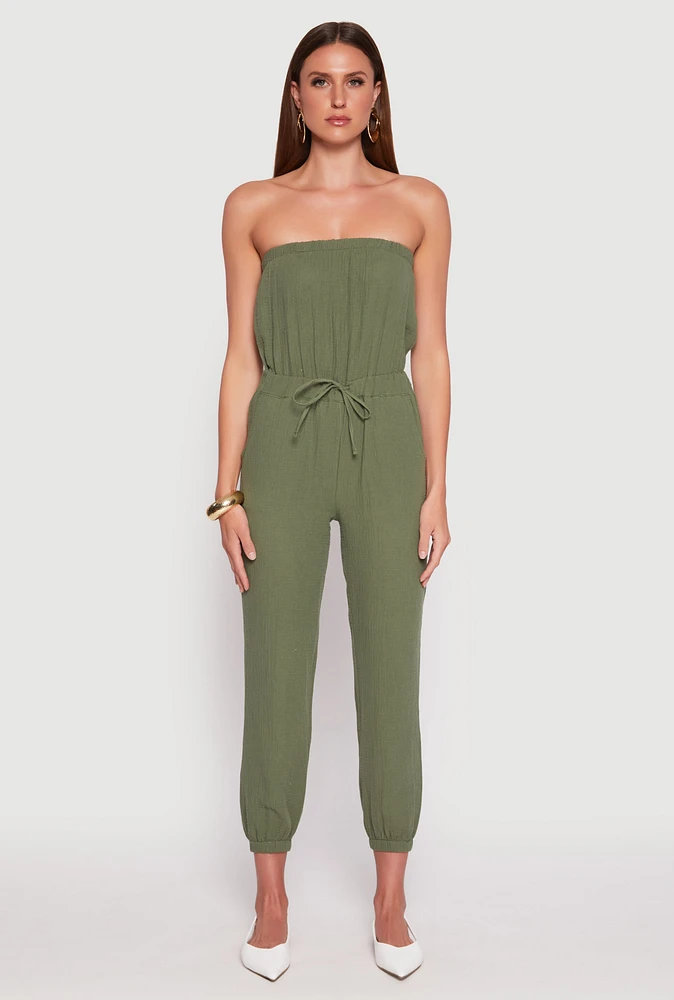 Womens Drawstring Waist Strapless Jumpsuit, Green,