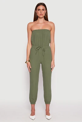 Womens Drawstring Waist Strapless Jumpsuit, Green,