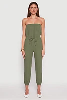 Womens Drawstring Waist Strapless Jumpsuit, Green,
