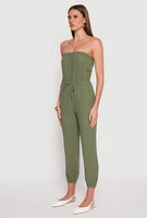 Womens Drawstring Waist Strapless Jumpsuit, Green,