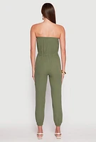 Womens Drawstring Waist Strapless Jumpsuit, Green,