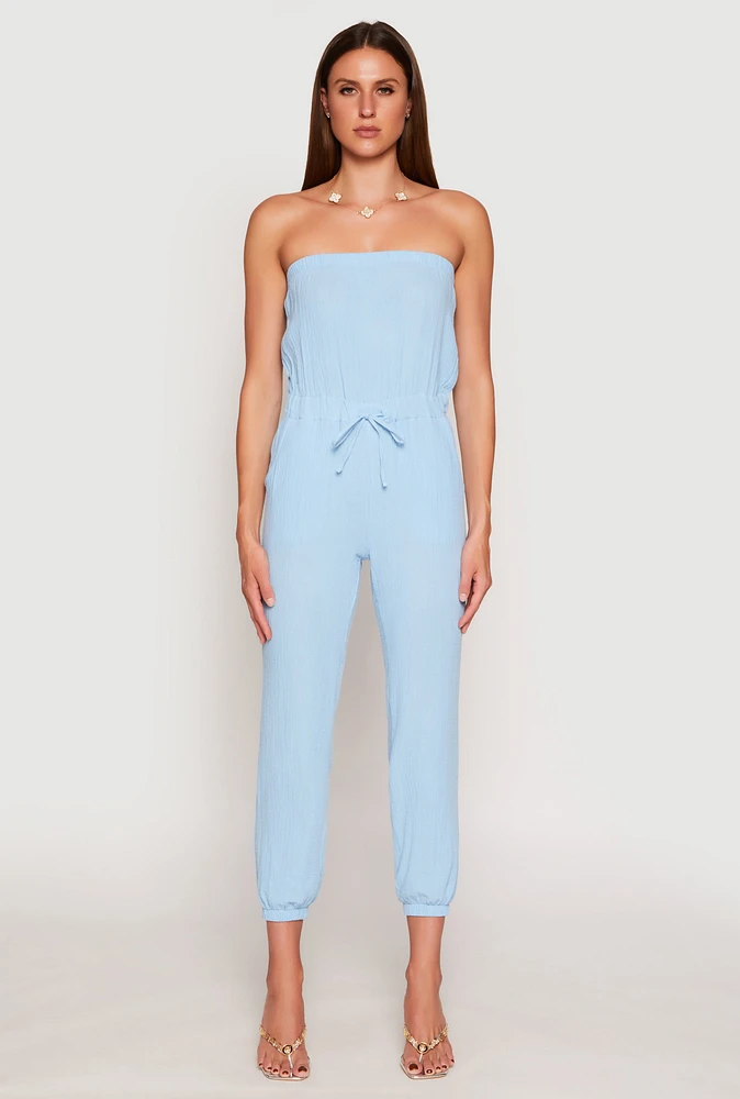Womens Drawstring Waist Strapless Jumpsuit, Blue,