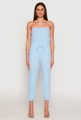 Womens Drawstring Waist Strapless Jumpsuit, Blue,