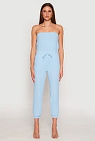 Womens Drawstring Waist Strapless Jumpsuit, Blue,