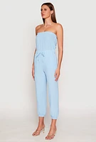 Womens Drawstring Waist Strapless Jumpsuit, Blue,