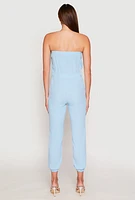 Womens Drawstring Waist Strapless Jumpsuit, Blue,