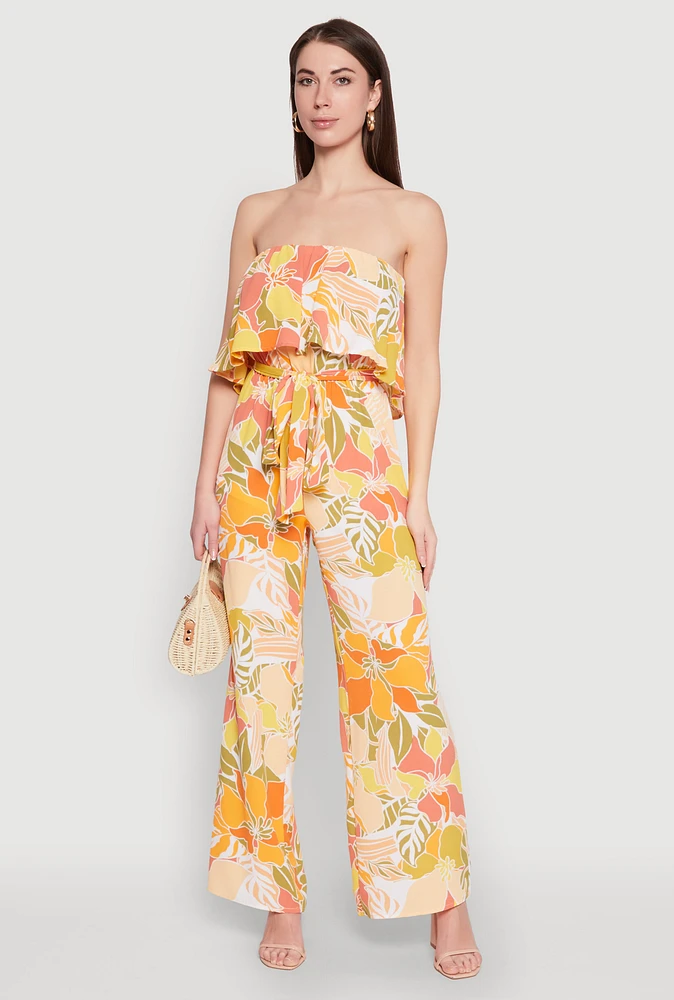 Womens Floral Print Strapless Overlay Jumpsuit, Multi,