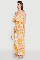 Womens Floral Print Strapless Overlay Jumpsuit, Multi,