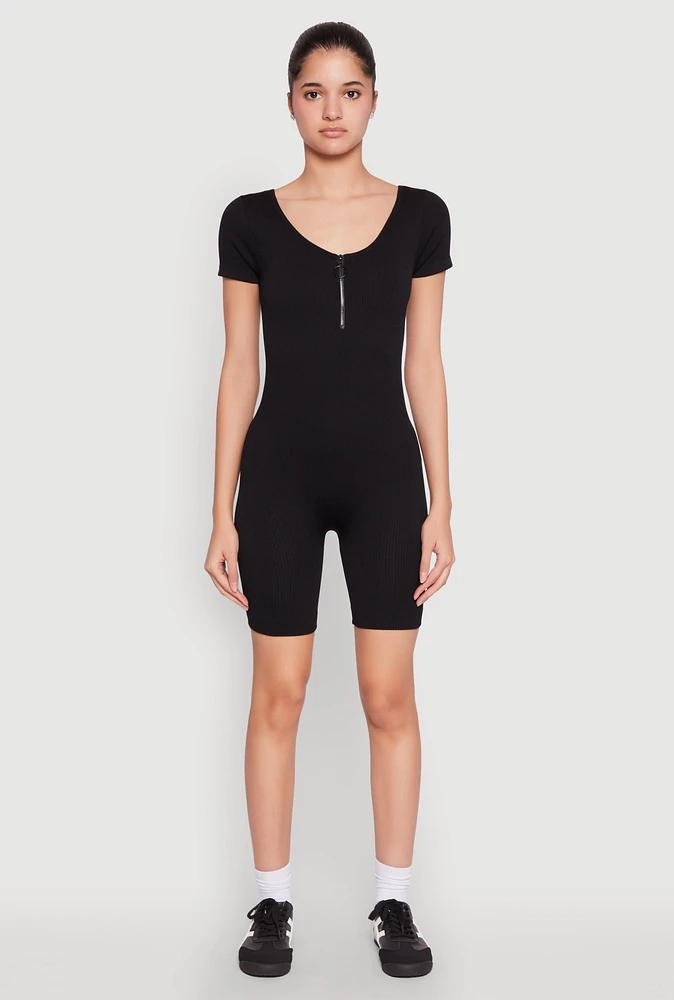 Womens Rib Knit Short Sleeve Romper, Black,